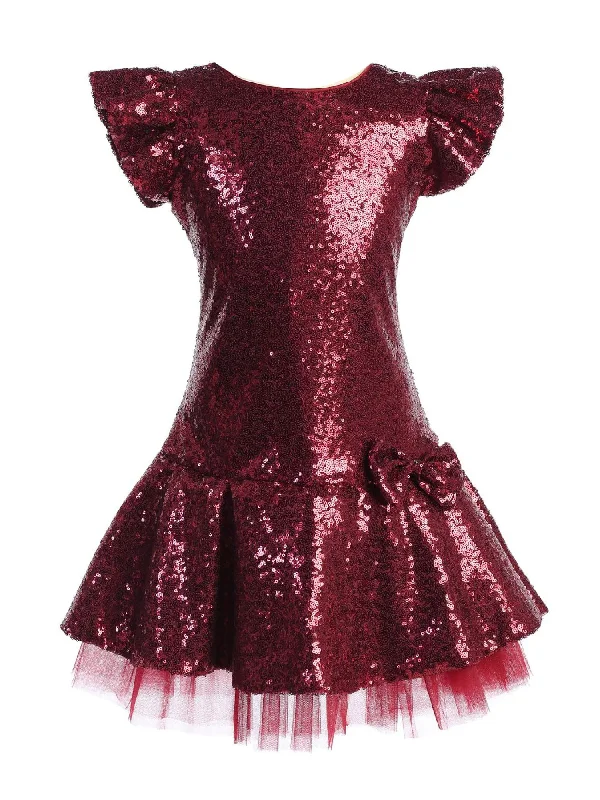 Limited edition dresses for collectorsBig Girls Burgundy Sequin Ruffle Tutu Junior Bridesmaid Dress 8-12