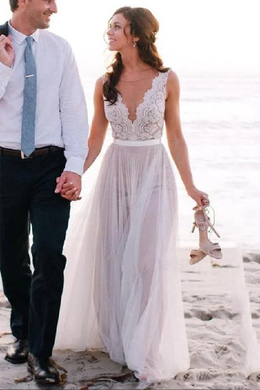 Evening women's dressesRoycebridal White Tulle Deep V Neck Lace Beach Wedding Dresses, Bridal Dresses, MW210