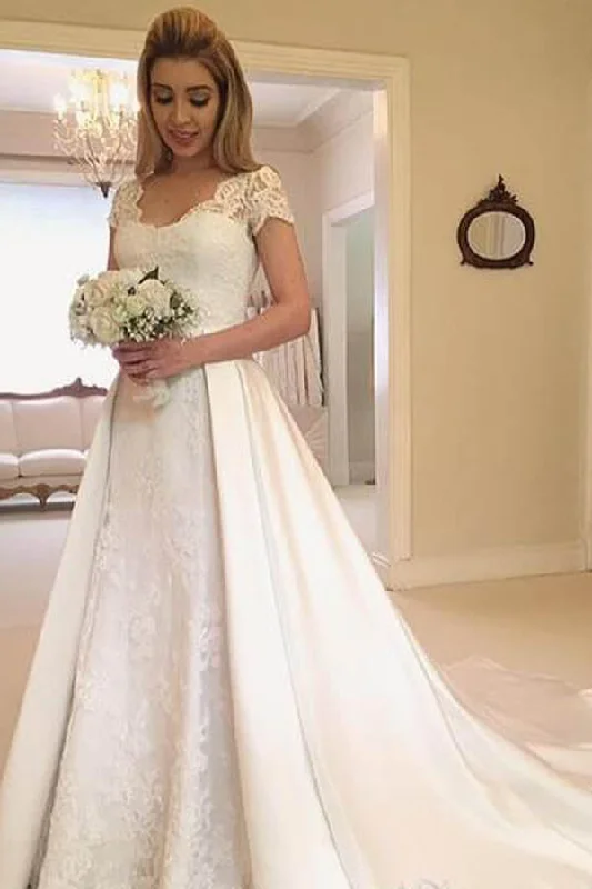 Long-sleeved dresses for womenSimple Cap Sleeve Lace Modest Wedding Gown,MW277