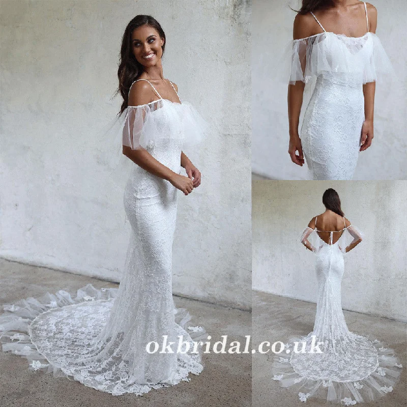 Polka dot dresses for womenSpaghetti Straps Lace Wedding Dress, Off Shoulder Tulle Backless Wedding Dress, LB0940