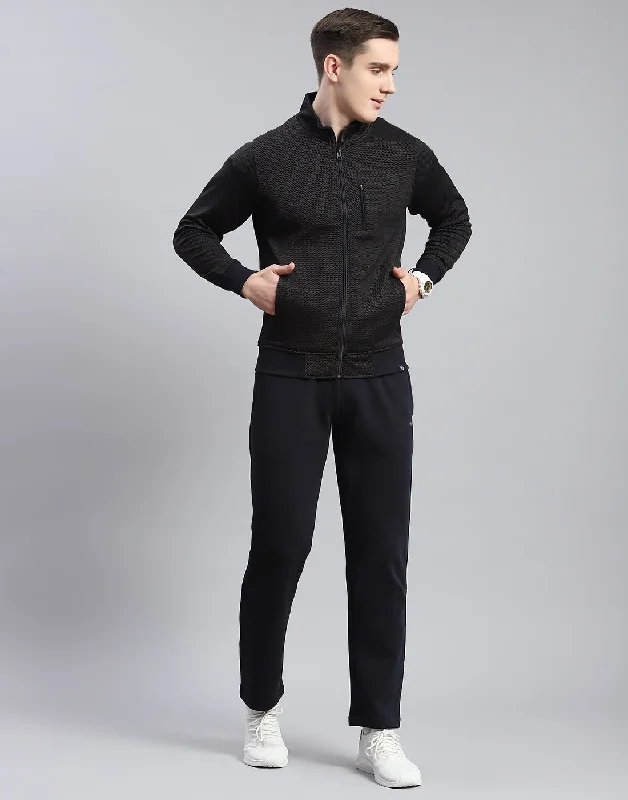 men's sports shirts for all levels of athletesMen Navy Blue Solid Stand Collar Full Sleeve Tracksuit