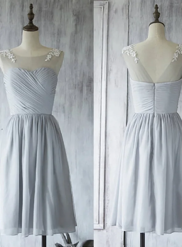 Layering dresses for versatile stylingIllusion Short Bridesmaid Dress Light Gray Bridesmaid Gown with Lace Appliques