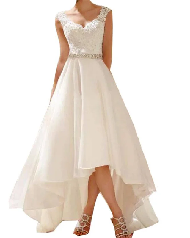 Cold-shoulder dresses for womenNew arrive high Low Lace Beading Beach Wedding Dress Front short Long Back organza Bridal Gown