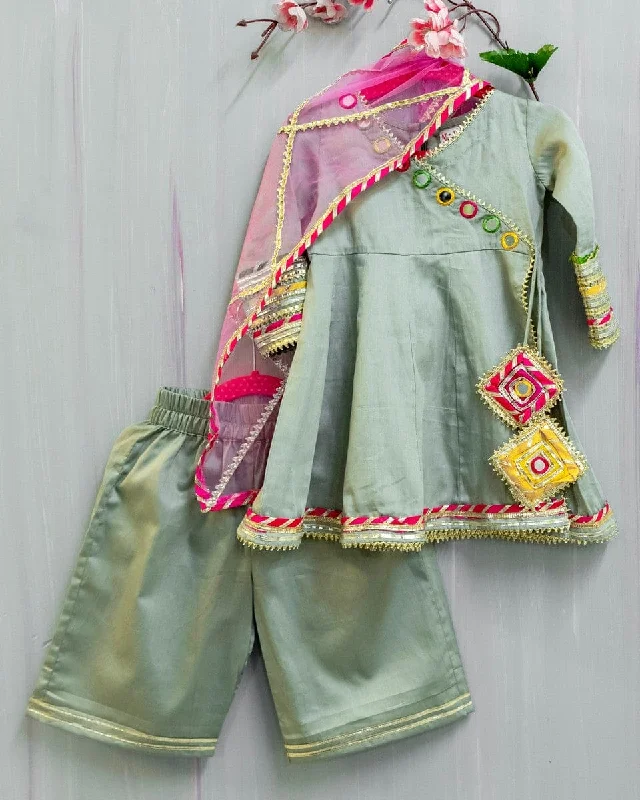 Solid color dresses for womenPre-Order: Grey Cotton Hand Embroidered Mirror work Angarkha Kurta and Palazzo