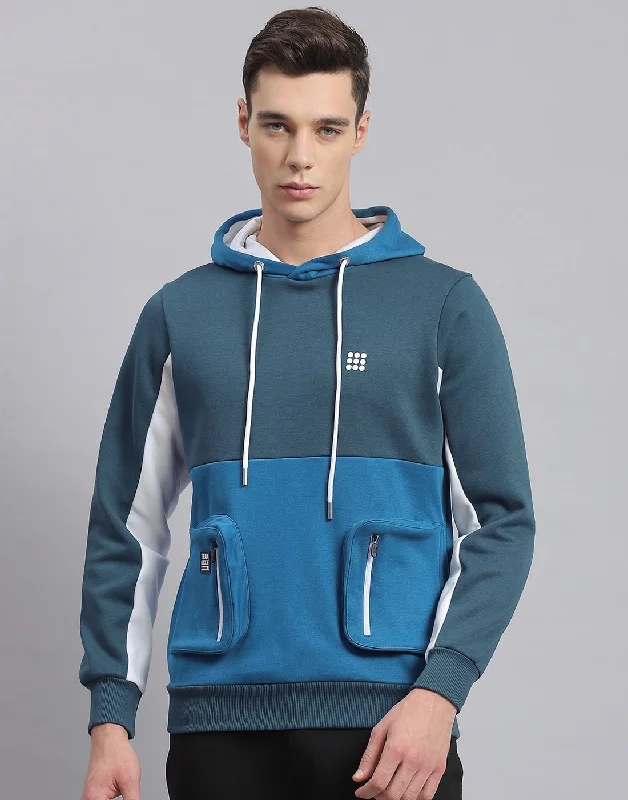 men's outdoor sports shirtsMen Turquoise Blue Solid Hooded Full Sleeve Sweatshirt