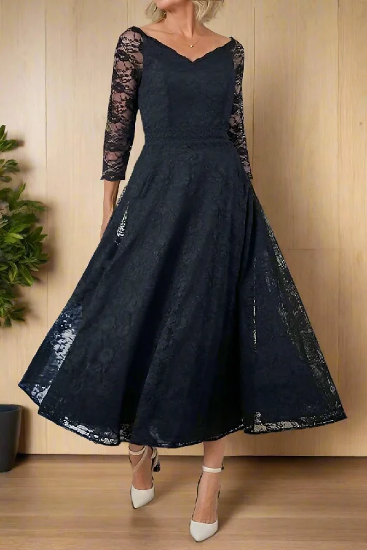 High-low hem dresses for womenTea Length Dark Navy A-Line Lace Mother of the Bride Dress