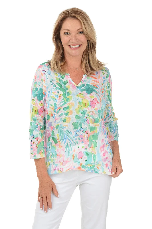 Women's casual topsPastel Garden Henley Asymmetrical Hem Top
