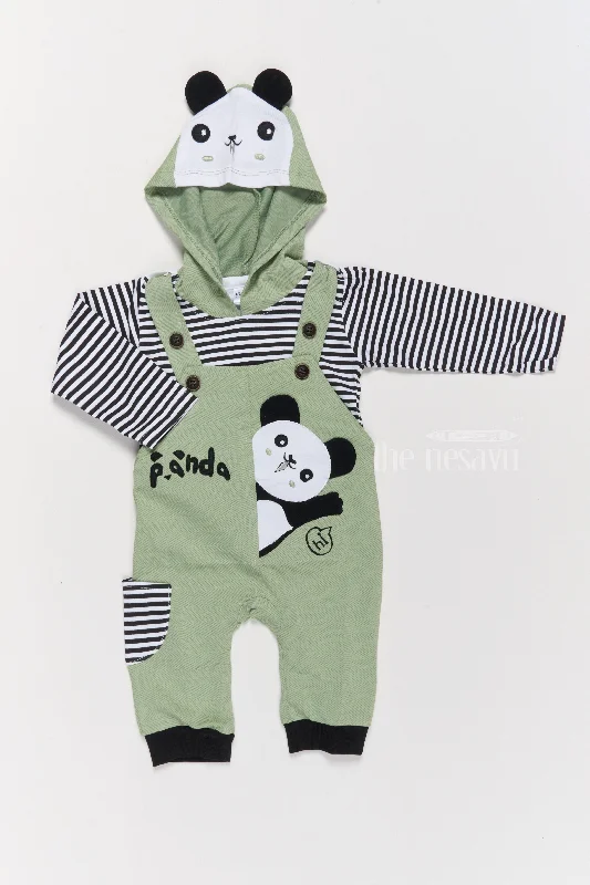 Corduroy dresses for womenKorean Culture Dress Cotton Panda Green Romper with Striped Shirt and Hood