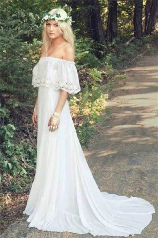 Flowy dresses for womenRoycebridal Ivory Chiffon A-line Off-the-Shoulder Bohemian Lace Beach Wedding Dresses, MW771