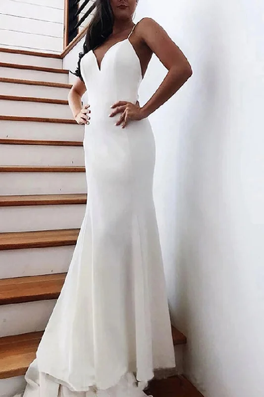 High-low hem dresses for womenRoycebridal Simple Satin Mermaid V-neck Spaghetti Straps Wedding Dresses With Bow, MW691