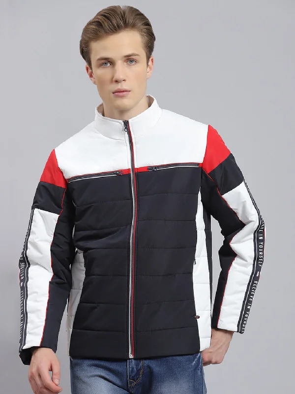 men's peacoatsMen Navy Blue Solid Stand Collar Full Sleeve Jacket