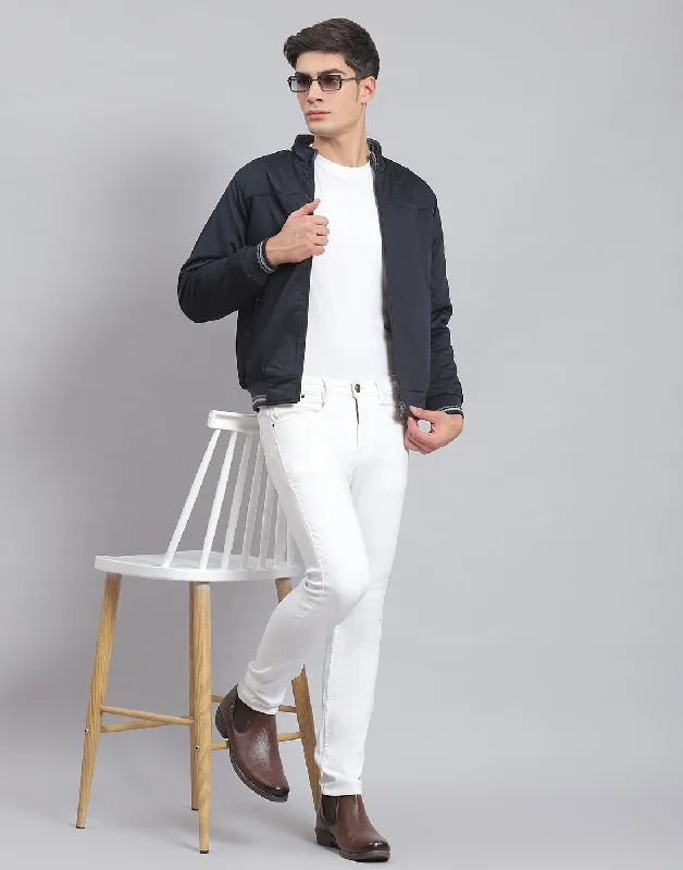 men's pea jacketsMen Navy Blue Solid Stand Collar Full Sleeve Jacket