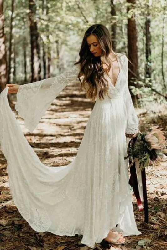 Embroidered dresses for womenRoycebridal Ivory Lace A-line V-neck Long Sleeves Sweep Train Boho Wedding Dresses, MW766