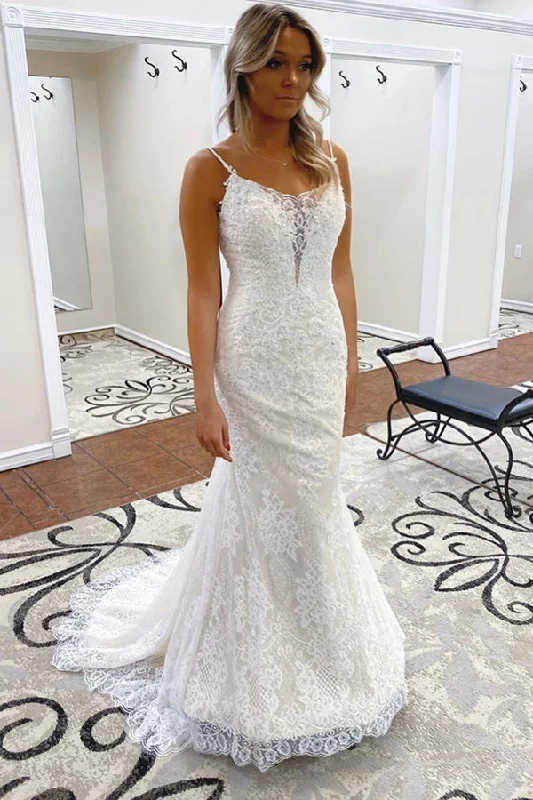 Flowy dresses for womenRoycebridal Spaghetti Straps Trumpet/Mermaid Lace Bridal Gonws Backless Wedding Dress,MW500