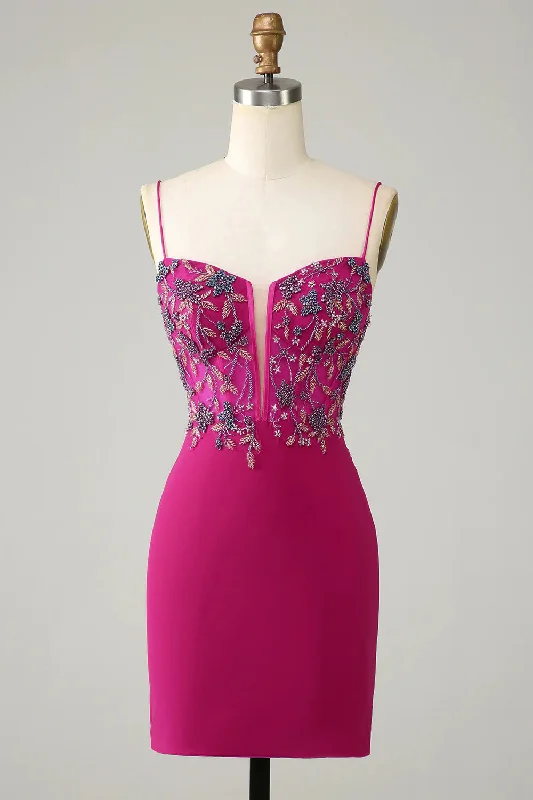 Statement dresses for making a fashion statementStylish Bodycon Spaghetti Straps Fuchsia Short Homecoming Dress with Beaded