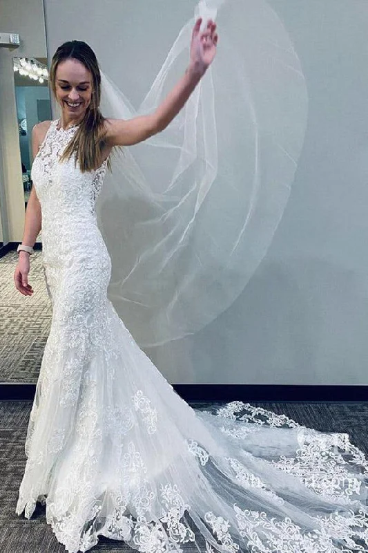 Sustainable dresses for eco-conscious womenRoycebridal Ivory Lace Tulle Mermaid Round Neck Wedding Dresses With Court Train, MW654