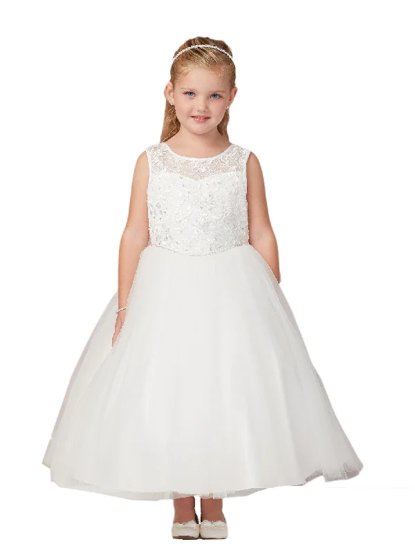Festival dresses for music and arts eventsBig Girls Ivory Illusion Lace Tulle Junior Bridesmaid Communion Dress 8-16