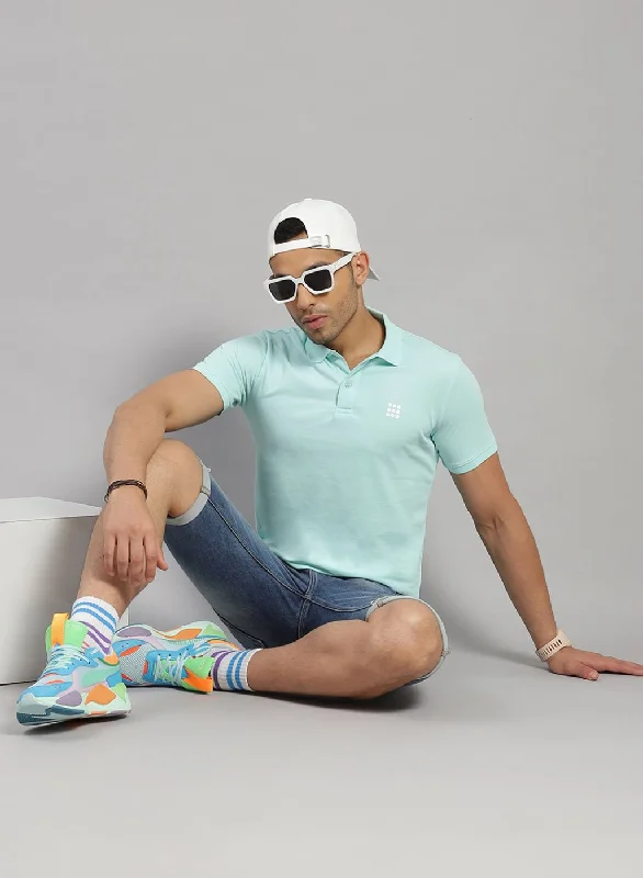 cotton short-sleeved men's shirtsMen Sea Blue Solid T-Shirt