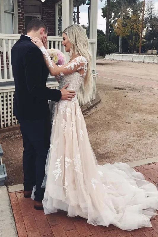 Dancewear dresses for performancesRoycebridal Tulle A-line V-neck Long Sleeve Lace Wedding Dresses with Train Prom Dress,MW483