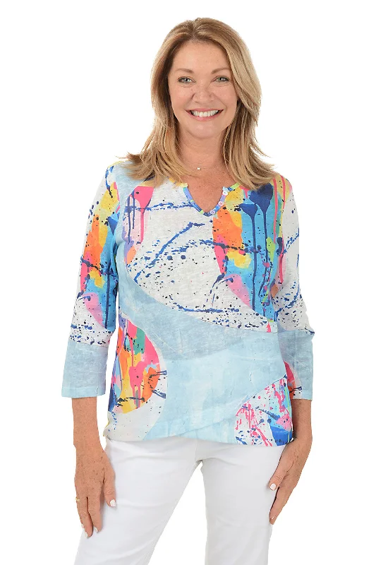 Cropped women's topsPaint Expression Henley Asymmetrical Hem Top