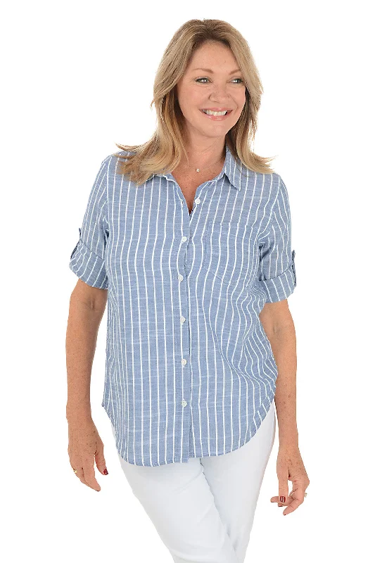 Striped women's topsIndigo Striped Cotton Roll Sleeve Shirt