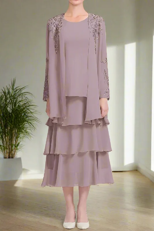 Short-sleeved dresses for womenChiffon 2 Pieces A-Line Tea Length Mother of the Bride Dress