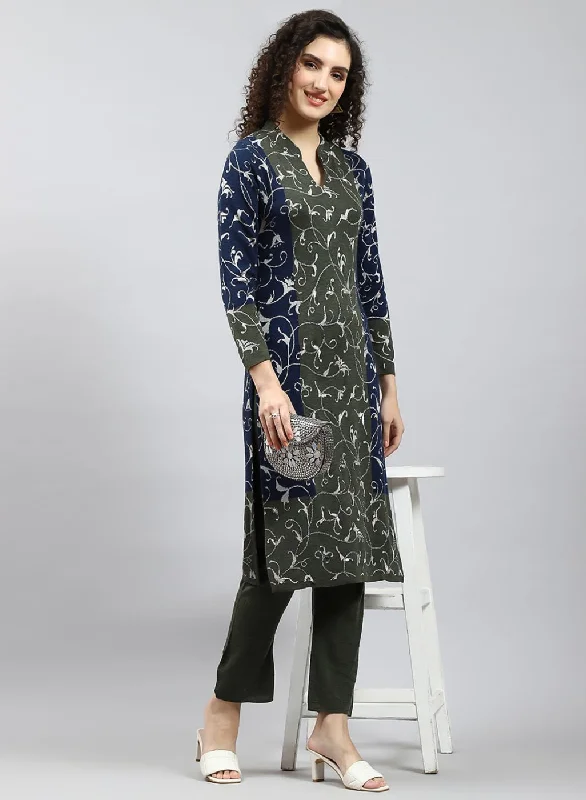 Evening women's maxi skirtsWomen Green Self Design Kurti+Lower Set for Winter