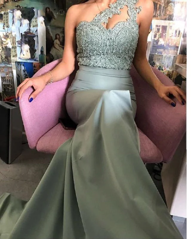 Wrap dresses for womenFashion Sage Green Fitted Lace Dress Bridesmaid One Shoulder Wedding Party Gown PL1203