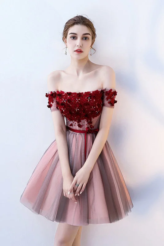Designer dresses for high-end fashionA-Line Strapless Red Flowers Short Tulle Homecoming Dresses OKC66