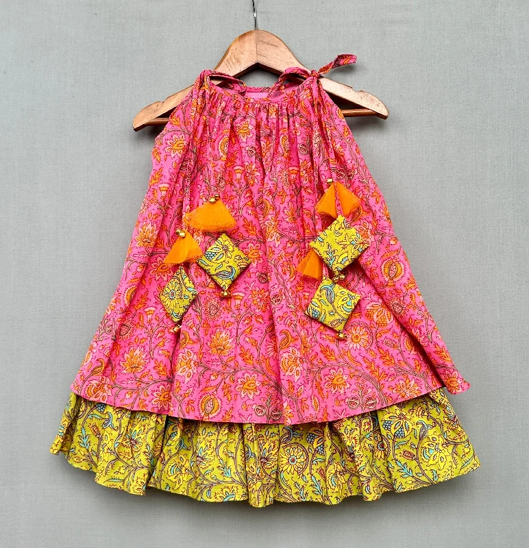 Floral dresses for womenPre-Order: Pink Green Cotton Dress with tassels