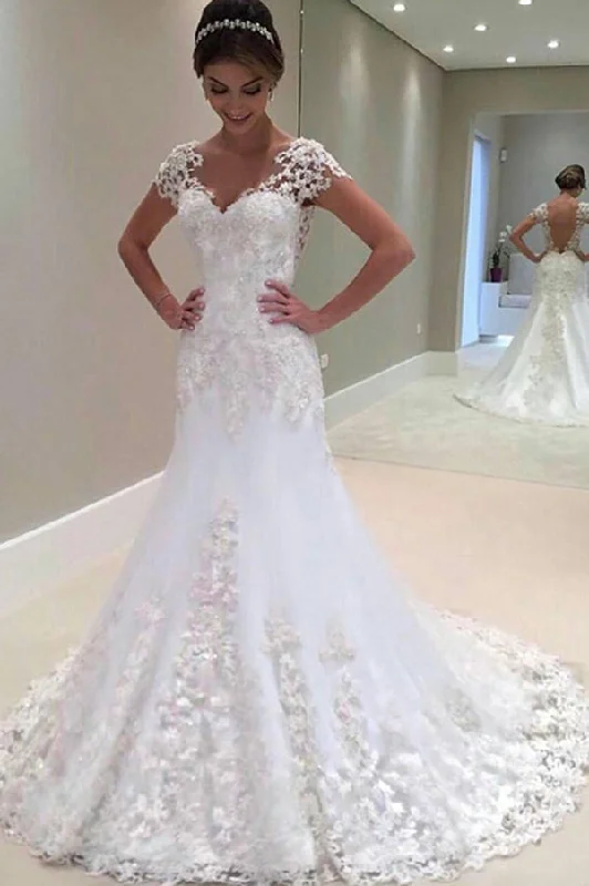 Plunging neckline dresses for womenRoycebridal Gorgeous Long Mermaid Lace Cap Sleeves Wedding Dress, Wedding Gown, MW292