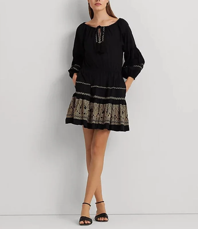 Women's casual dressesLAUREN Ralph Lauren Embroidered Cotton Voile Dress Black/Tan