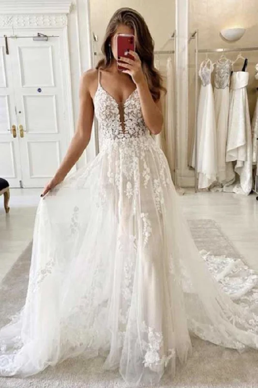 Short-sleeved dresses for womenRoycebridal Ivory Tulle A-line V-neck Spaghetti Straps Lace Appliques Wedding Dresses, MW739