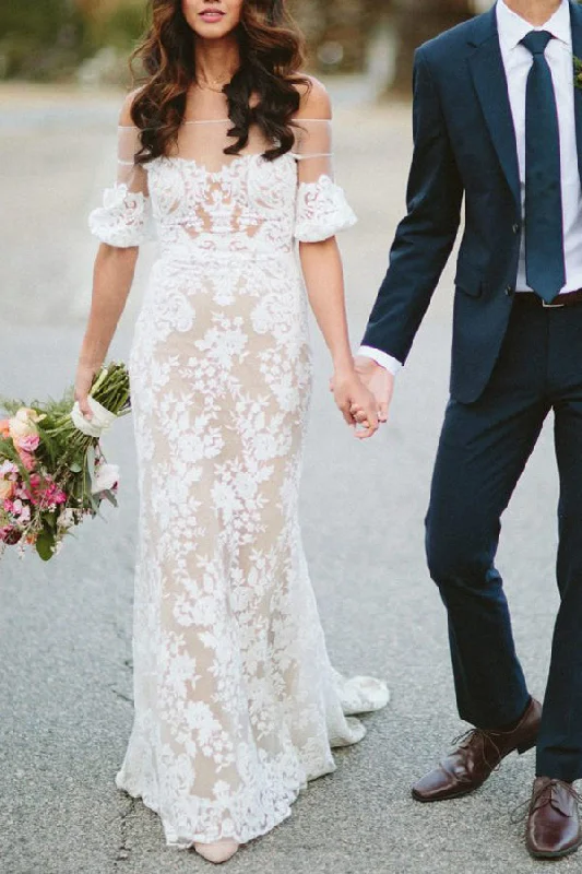Day dresses for everyday wearRoycebridal Sheath Off the Shoulder White Lace Long Wedding Dresses,Half Sleeves Wedding Dresses,MW480