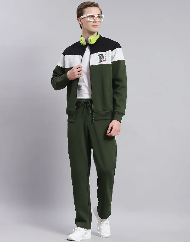 men's polyester sports shirtsMen Olive Solid Stand Collar Full Sleeve Tracksuit