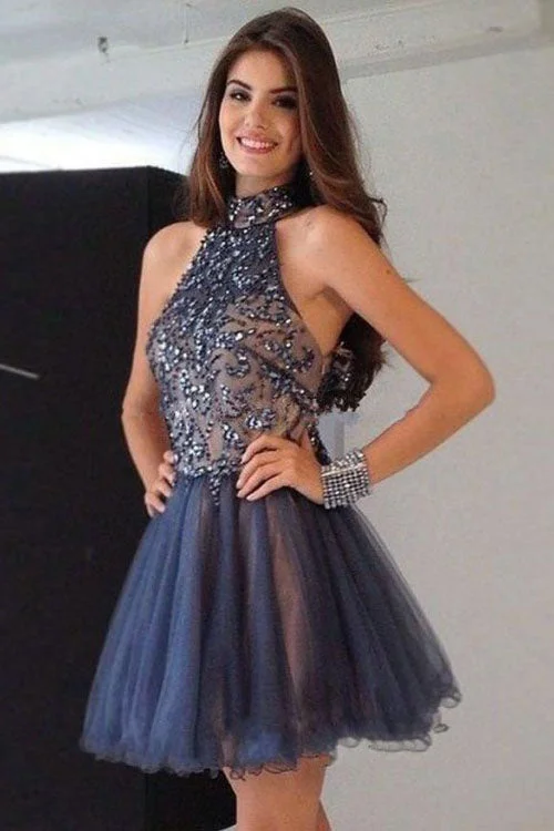Sustainable dresses for eco-conscious womenCheap Short High-Neck A-Line Beading Tulle Homecoming Dresses OKC86