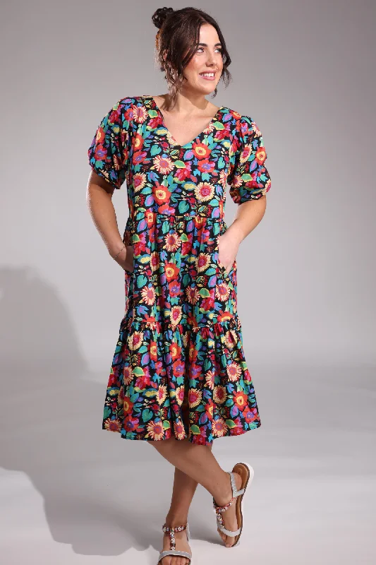 Long-sleeved dresses for women100% Cotton Dress | Black Red Flower | 6524A1