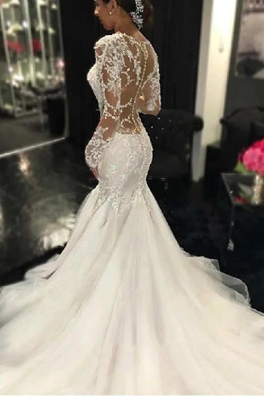 Transitional dresses for in-between seasonsRoycebridal White Long Sleeve Lace See Through Wedding Dress, Elegant Bridal Dresses, MW189