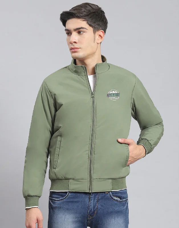 men's Chesterfield coatsMen Green Solid Stand Collar Full Sleeve Jacket