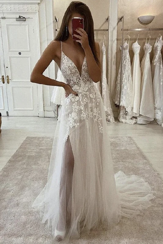 Little white dresses (LWDs) for womenRoycebridal Ivory Tulle Lace A-line Spaghetti Straps Wedding Dresses With Side Slit, MW662