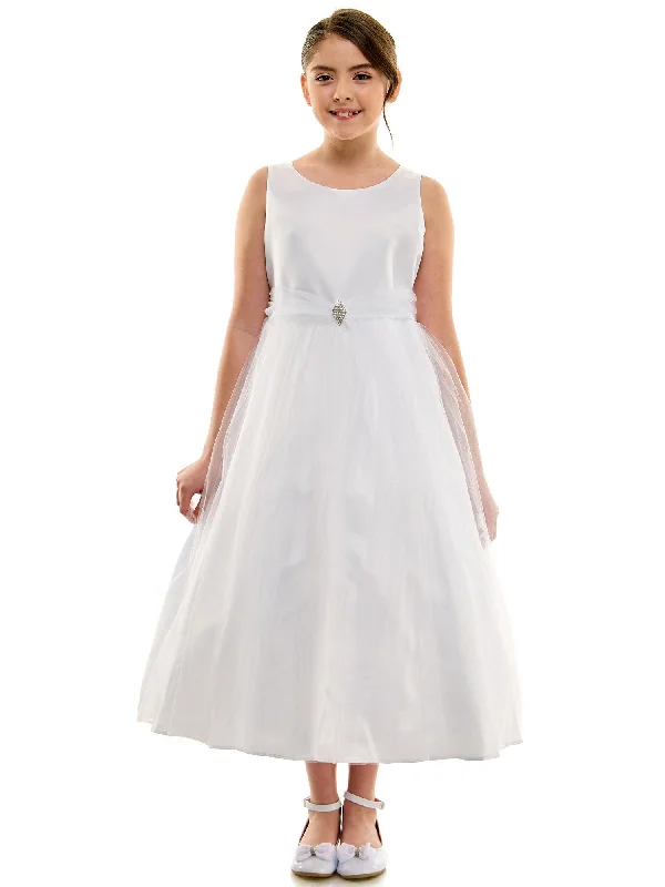 Designer dresses for high-end fashionBig Girls White Dull Satin Brooch Junior Bridesmaid Dress 8-12