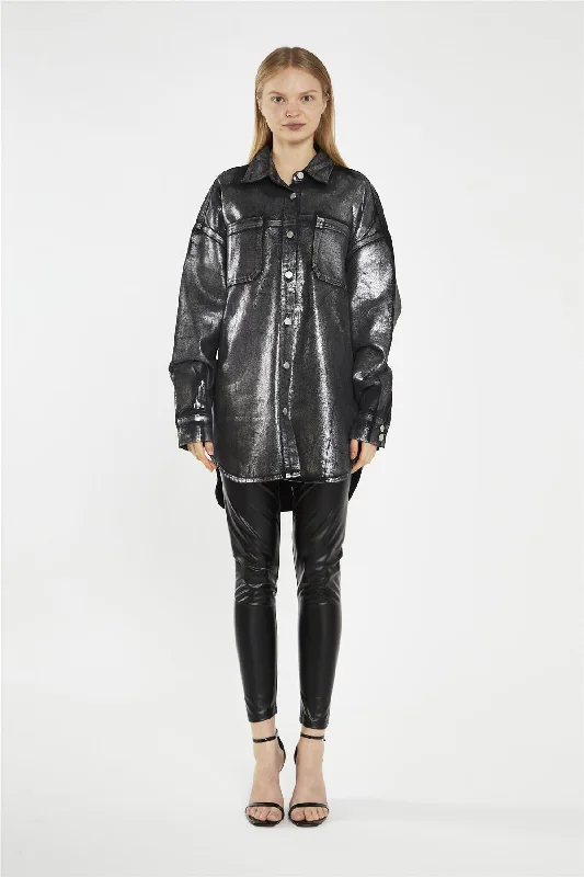 Neon women's topsBlack-Silver Foil Denim Oversized-Shirt