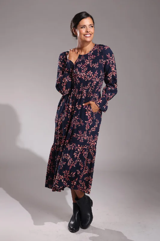 High-slit dresses for womenShirred front Cotton Rayon Dress | Navy Spice Leaf | 6542ZZ