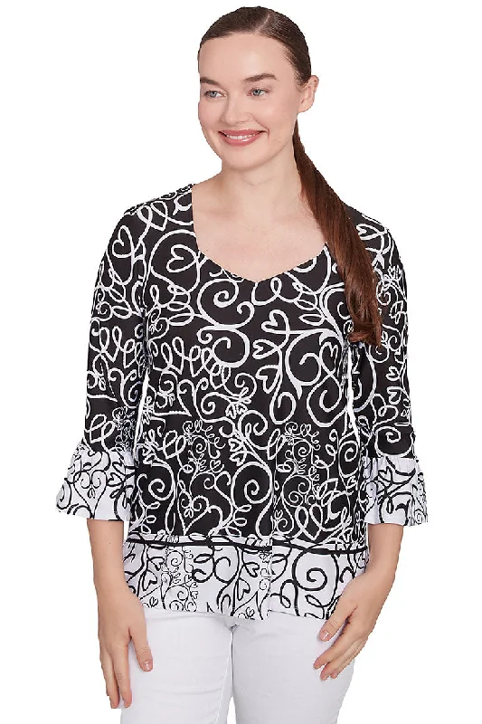 Button-down women's topsMonochrome Moment Puff Print Bell Sleeve Top