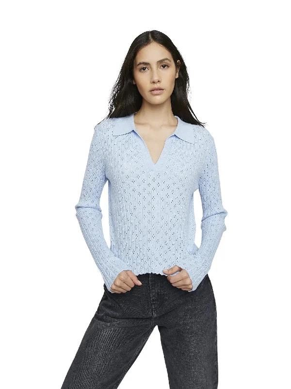 Asymmetric women's topsLight Blue Long Sleeve Crochet Collar Shirt