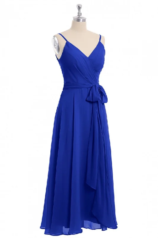 Checkered dresses for womenRoyal Blue V-Neck Spaghetti Straps Tea-Length Bridesmaid Dress