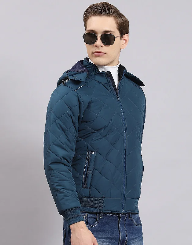 men's sports jacketsMen Teal Blue Solid Hooded Full Sleeve Jacket