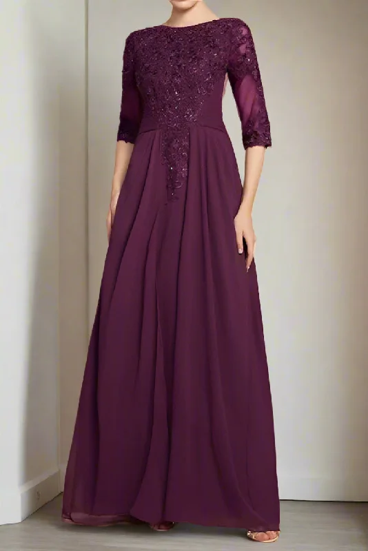 Lantern sleeve dresses for womenStunning Scoop Neck Floor Length A Line Grape Mother of the Bride Dress