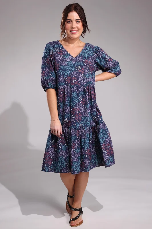 Off-the-shoulder dresses for women100% Cotton Dress | Blues Fern Sketch | 6524A1