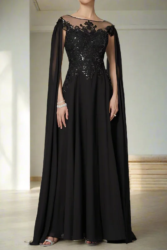 Short and sweet dresses for womenBlack Split Appliques Floor Length Chiffon A-Line Mother of the Bride Dress